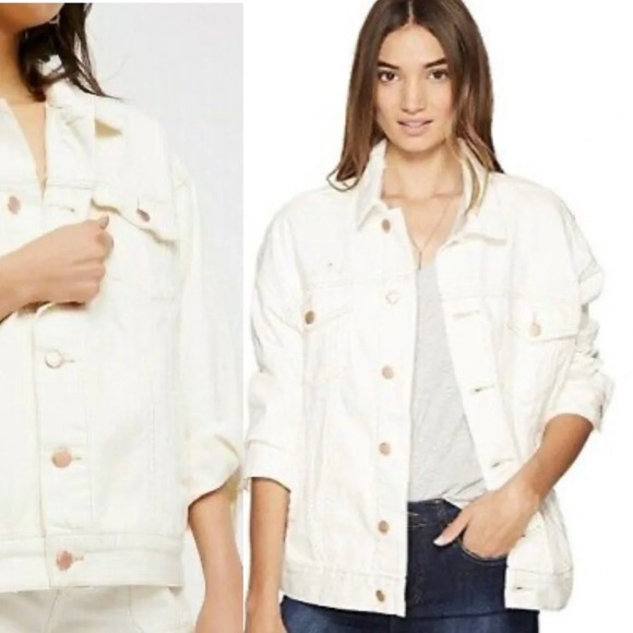 Free People Off White Denim Trucker Boyfriend Distressed Oversized Jacket XS - Picture 2 of 12